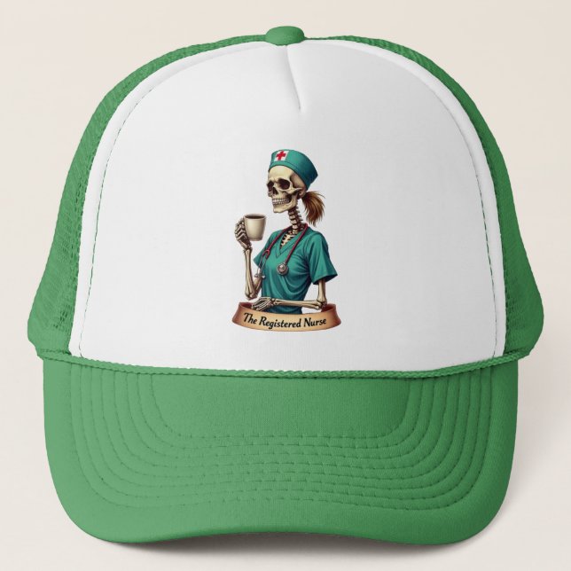 The Registered Nurse Skeleton – Coffee & Care Trucker Hat (Front)