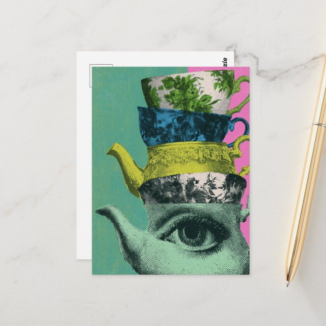 The Retro Teacup Teakettle Stack Postcard (Front/Back In Situ)