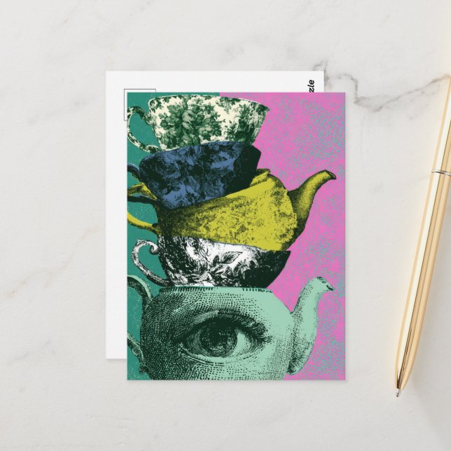 The Retro Teacup Teakettle Stack Postcard (Front/Back In Situ)