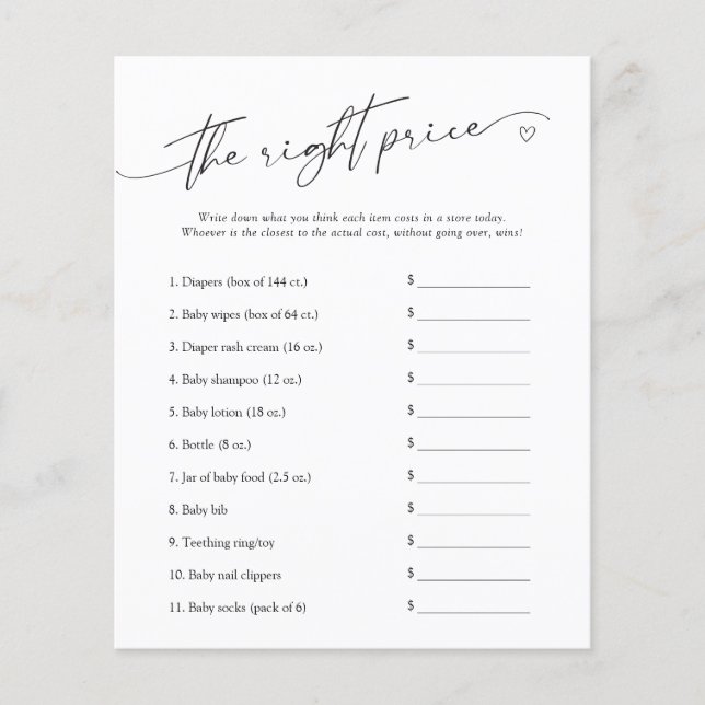The Right Price Minimalist  Baby Shower Game (Front)