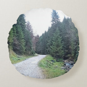 The Road Between Pines - Wild Nature Romania Round Cushion