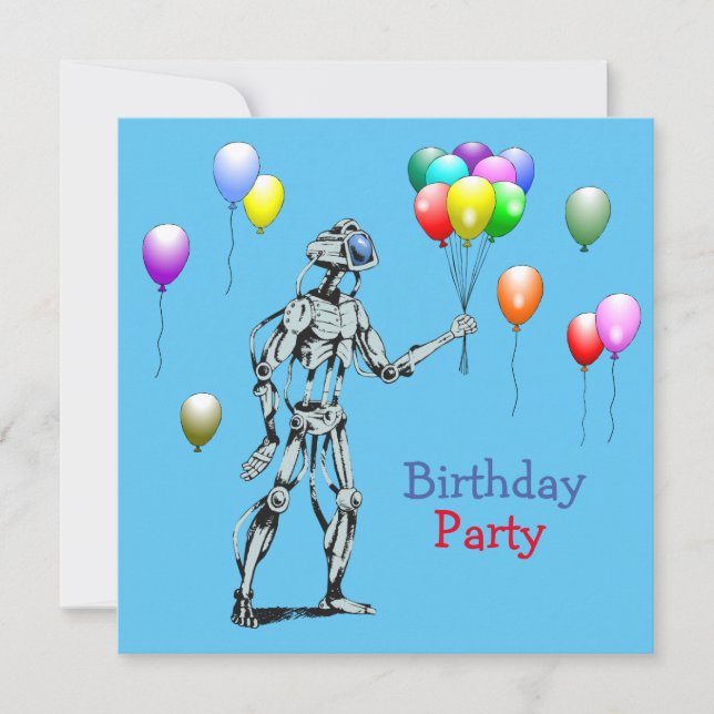 The robot comes with the birthday balloons invitation (Front)