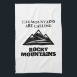 The Rocky Mountains are calling hiking trail quote Tea Towel<br><div class="desc">The Rocky Mountains are calling hiking trail quote kitchen towel. Add your own personalised text or funny quote. Colorado mountain peak logo with hiking trail. Custom pot holder for home or office. Cool Birthday gift for people who love hiking, camping, outdoors, nature etc. Unique gifts for friends, family, coworker, colleague...</div>