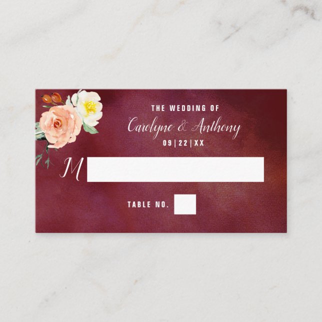 The Romance In Bloom Wedding Collection Place Card (Front)