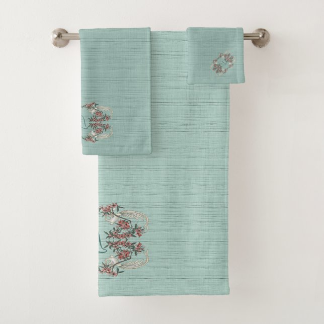 The Romance of Silk Aqua w/ monogram  Bath Towel Set (Insitu)