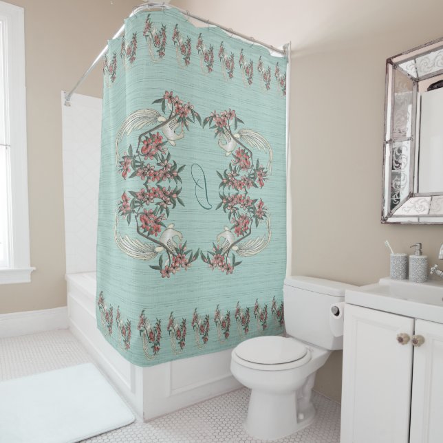 The Romance of Silk w/ Monogram Aqua  Shower Curtain (In Situ)