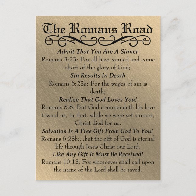 The Romans Road Sinner's Prayer Gold Black Postcard (Front)