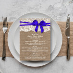 The Rustic Blue Bow Wedding Collection Menu Card<br><div class="desc">The rustic blue bow wedding collection is a stunning design featuring a lovely rustic burlap effect background with a romantic vintage white lace effect trim and a stunning blue bow. These menus can be personalised for your special occasion and would make the perfect template for wedding menus, bridal shower menus,...</div>