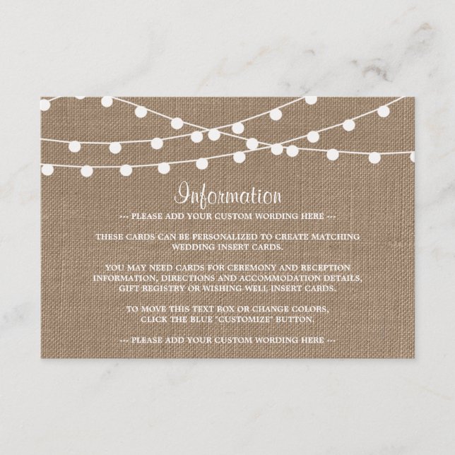 The Rustic Burlap String Lights Wedding Collection Enclosure Card (Front)