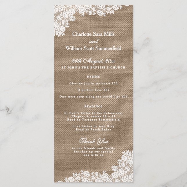 The Rustic Burlap & Vintage White Lace Collection Programme (Front)