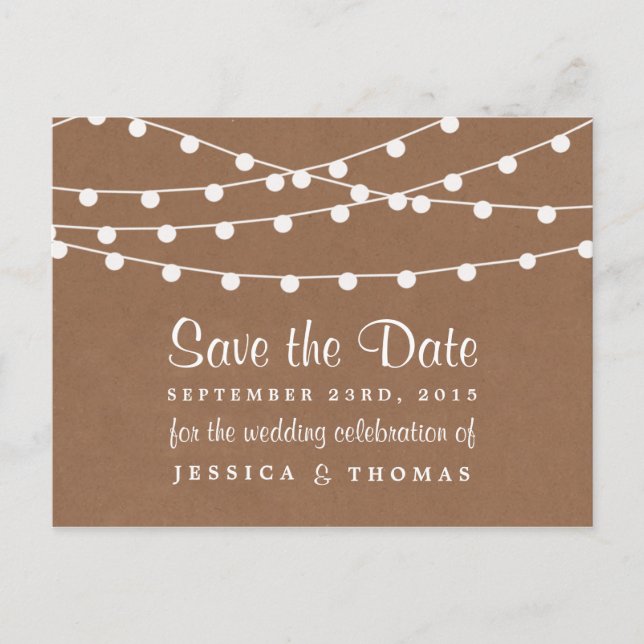 The Rustic Kraft String Lights Wedding Collection Announcement Postcard (Front)