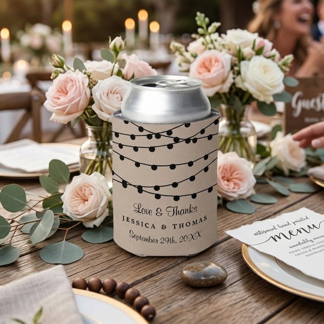 The Rustic Kraft String Lights Wedding Collection Can Cooler (Creator Uploaded)
