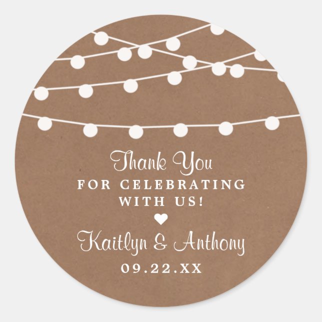 The Rustic Kraft String Lights Wedding Collection Classic Round Sticker (Front)
