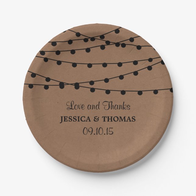 The Rustic Kraft String Lights Wedding Collection Paper Plate (Front)