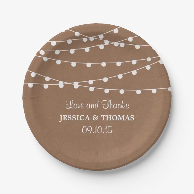 The Rustic Kraft String Lights Wedding Collection Paper Plate (Front)