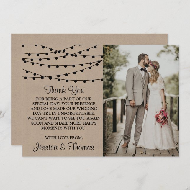 The Rustic Kraft String Lights Wedding Collection Thank You Card (Front/Back)