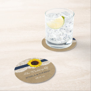 The Rustic Kraft Sunflower Wedding Collection Round Paper Coaster