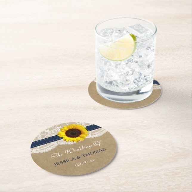 The Rustic Kraft Sunflower Wedding Collection Round Paper Coaster (Insitu)