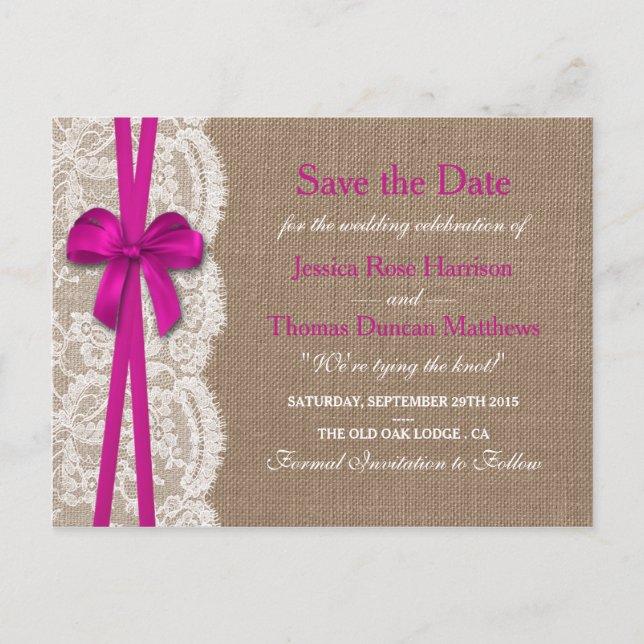 The Rustic Pink Bow Collection Save The Date Announcement Postcard (Front)