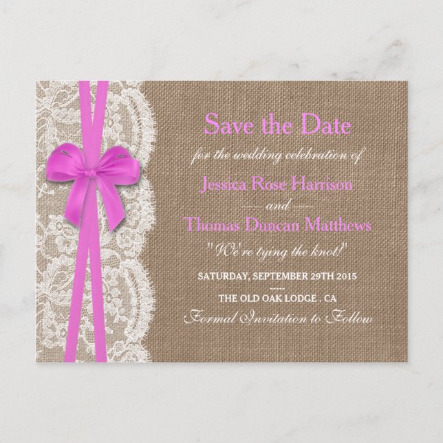 The Rustic Pink Bow Collection Save The Date Announcement Postcard (Front)