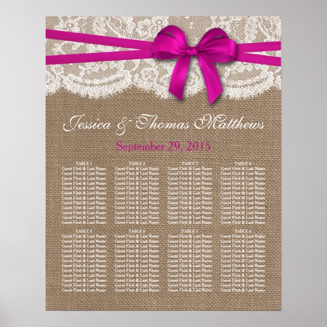 The Rustic Pink Bow Wedding Collection Seating Poster (Front)