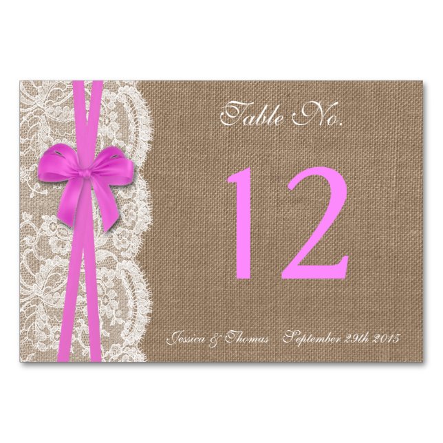 The Rustic Pink Bow Wedding Collection Table Number (Front)