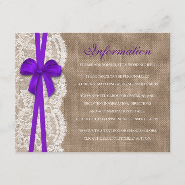 The Rustic Purple Bow Wedding Collection Detail Enclosure Card (Front)