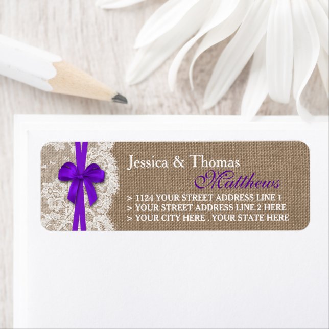 The Rustic Purple Bow Wedding Collection Labels (Insitu)