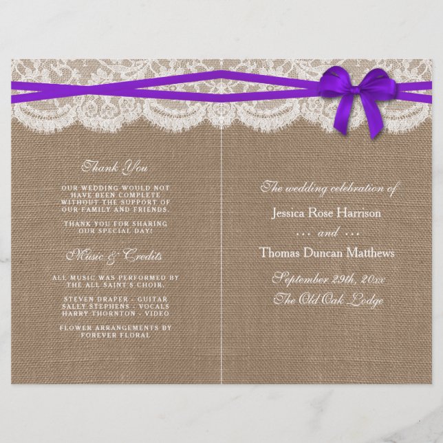The Rustic Purple Bow Wedding Collection Programs (Front)