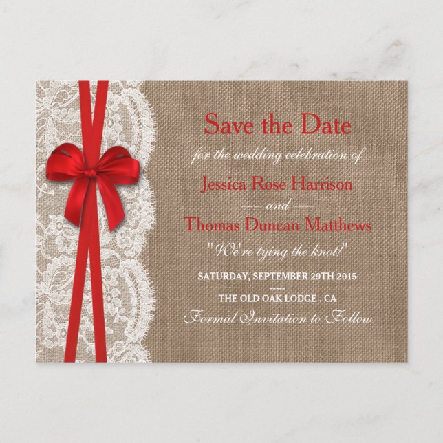 The Rustic Red Bow Collection Save The Date Announcement Postcard (Front)