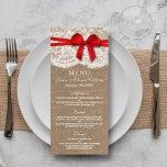 The Rustic Red Bow Wedding Collection Menu Cards<br><div class="desc">The rustic red bow wedding collection is a stunning design featuring a lovely rustic burlap effect background with a romantic vintage white lace effect trim and a stunning red bow. These menus can be personalised for your special occasion and would make the perfect template for wedding menus, bridal shower menus,...</div>
