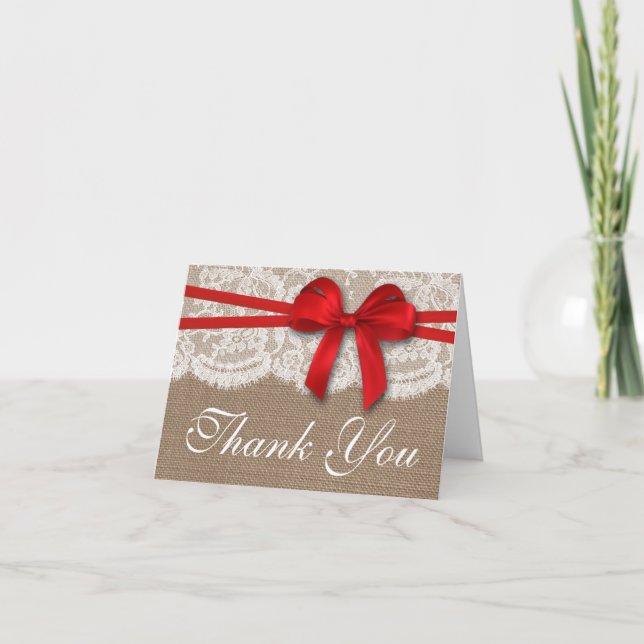 The Rustic Red Bow Wedding Collection Thank You Card (Front)
