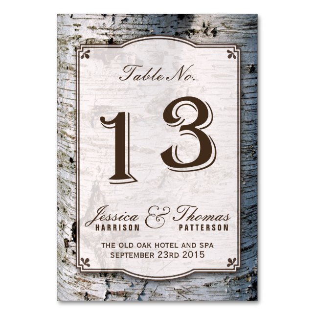 The Rustic Silver Birch Tree Wedding Collection 13 Table Number (Front)