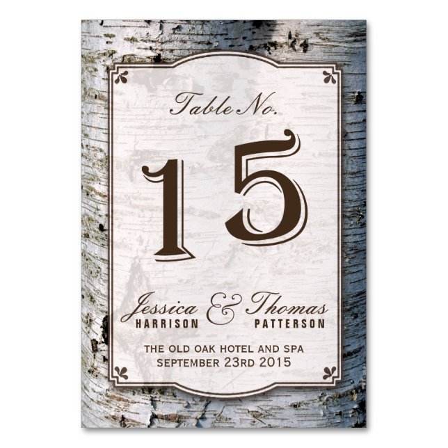 The Rustic Silver Birch Tree Wedding Collection 15 Table Number (Front)