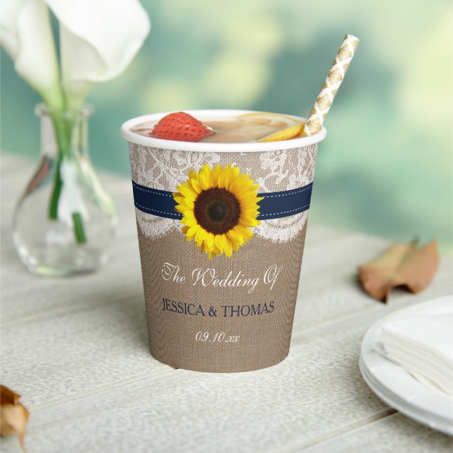 The Rustic Sunflower Wedding Collection - Navy Paper Cups (Insitu)