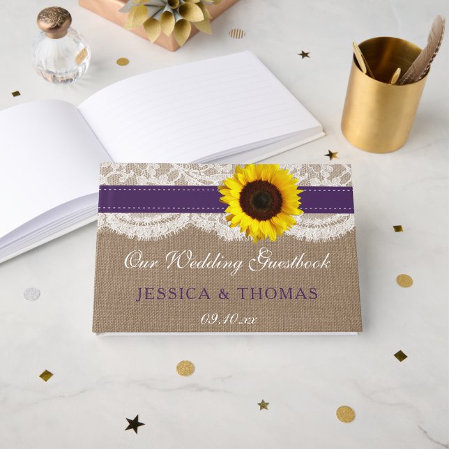 The Rustic Sunflower Wedding Collection - Purple Guest Book (Front Open)