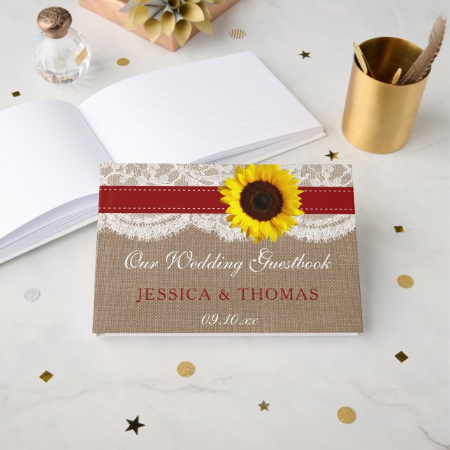 The Rustic Sunflower Wedding Collection - Red Guest Book (Front Open)