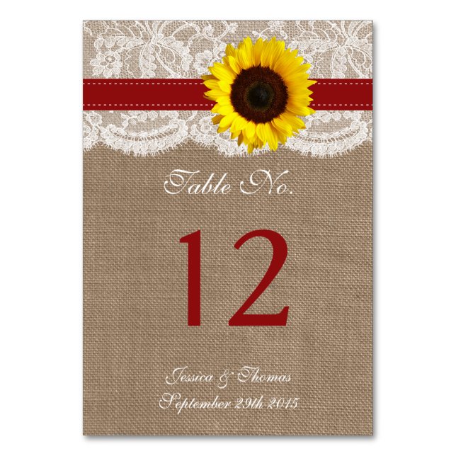 The Rustic Sunflower Wedding Collection - Red Table Number (Front)