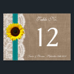 The Rustic Sunflower Wedding Collection - Teal Table Number<br><div class="desc">The rustic sunflower collection is a stunning design featuring a lovely rustic burlap effect background with a romantic vintage white lace effect trim finished with a stunning sunflower and teal green ribbon. These table number cards can be personalised for your special occasion and would make the perfect table centerpiece for...</div>