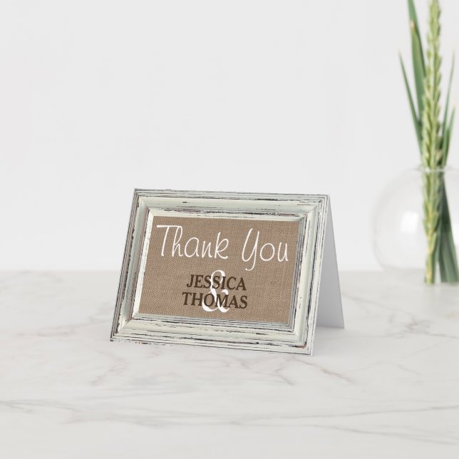 The Rustic White Frame & Burlap Wedding Collection Thank You Card (Front)