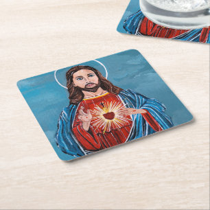 The Sacred Heart Painting by Alfred Fox Square Paper Coaster