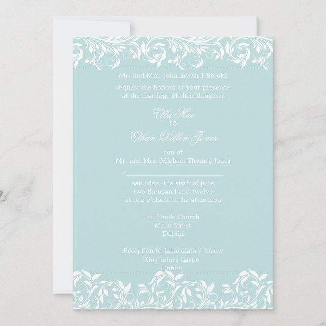 The Sarah Jane blue and  white wedding invitation (Front)