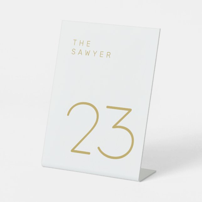 The Sawyer 23 Gold and White Table Number Pedestal Sign (Front)