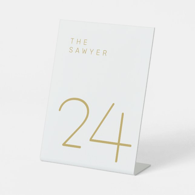 The Sawyer 24 Gold and White Table Number Pedestal Sign (Front)