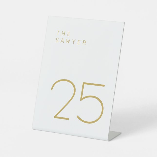 The Sawyer Minimalist Gold and White Table Number Pedestal Sign (Front)