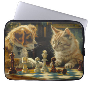 The Scholars' Standoff   Cat and Dog Playing Chess Laptop Sleeve