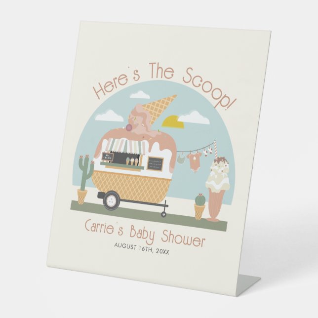 The Scoop Ice Cream Camper Light Pink Baby Shower Pedestal Sign (Front)