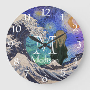 The Scream at The Great Wave Starry Night Large Clock
