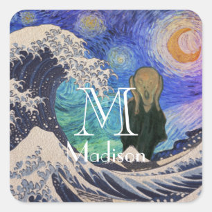 The Scream at The Great Wave Starry Night Square Sticker