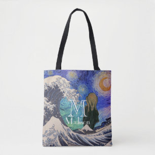 The Scream at The Great Wave Starry Night Tote Bag